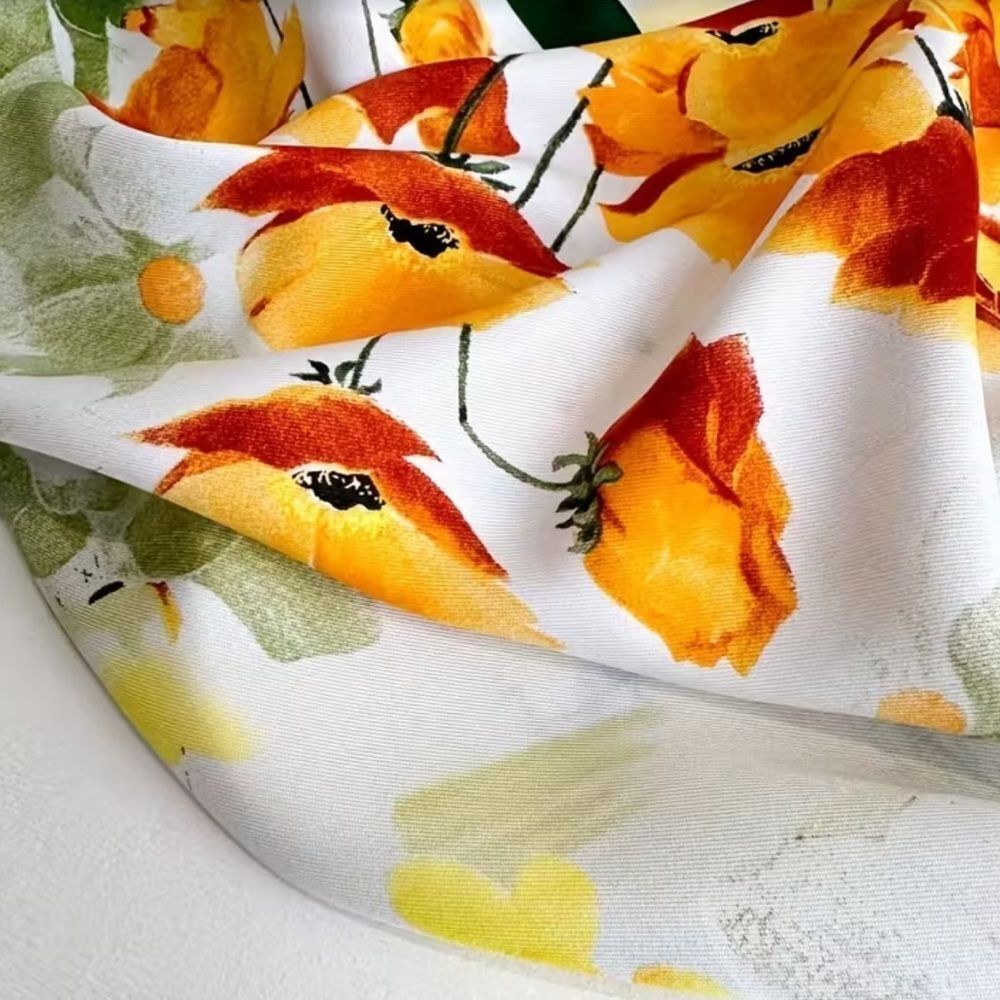 Floral Silky polyester Scarf with Orange and Green Accents - Picture 5 of 7
